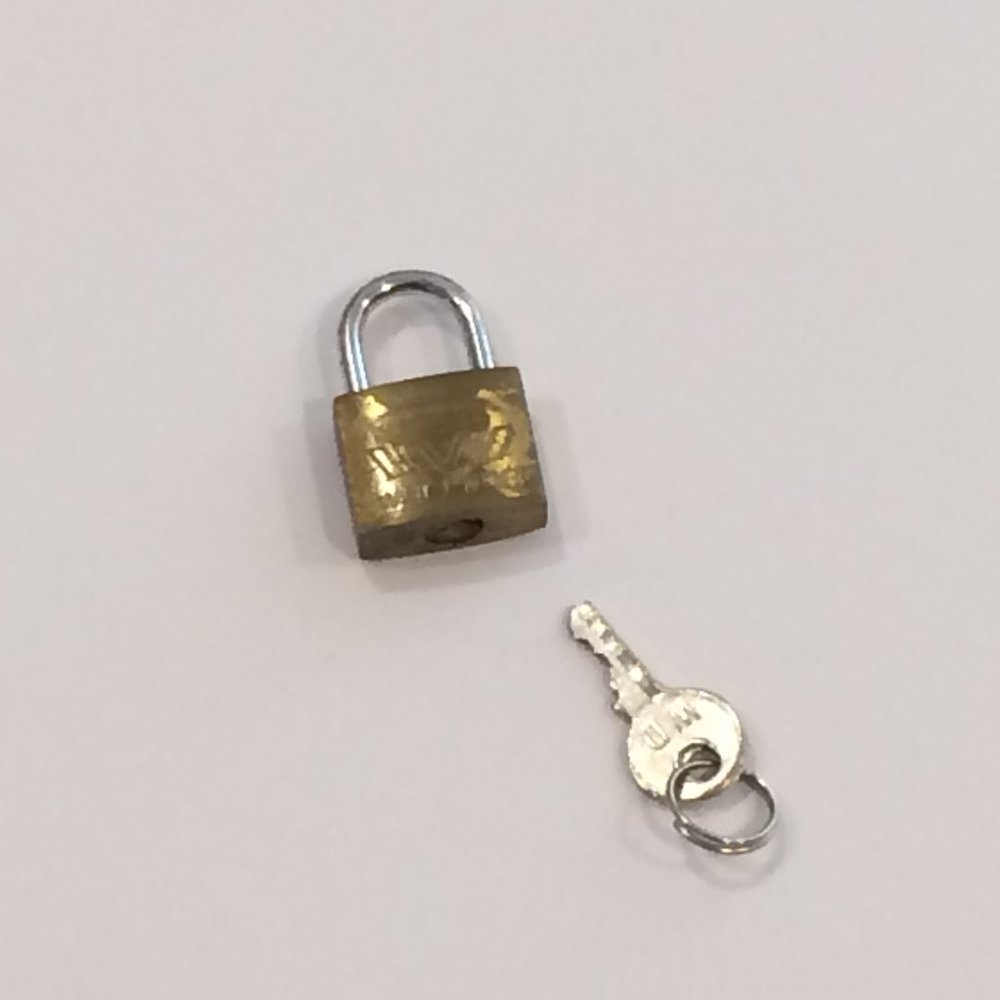 3/4" wide Small vintage gold brass metal padlock with key for storage or travel
